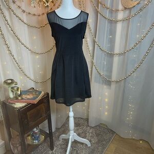 Divided Black Illusion Neck Sleeveless Mini Skater Dress